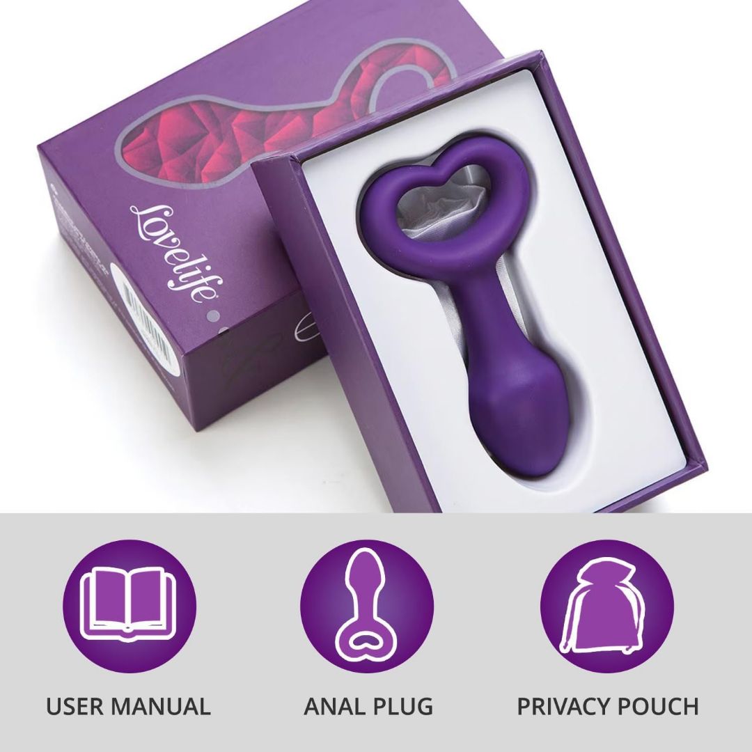 The LoveLife Explore Pleasure Anal Plug by OhMiBod is a sophisticated toy with a heart-shaped handle that comes beautifully packaged. This sex toy includes a user manual and privacy pouch, designed to enhance orgasm intensity as depicted by icons.