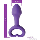 The OhMiBod LoveLife Explore Pleasure Anal Plug in purple features a heart-shaped handle and measures 3.6 inches long and 1.1 inches wide. Designed to enhance orgasm intensity, it comes with "Lovelife & explore" elegantly printed at the bottom right for a personal touch.