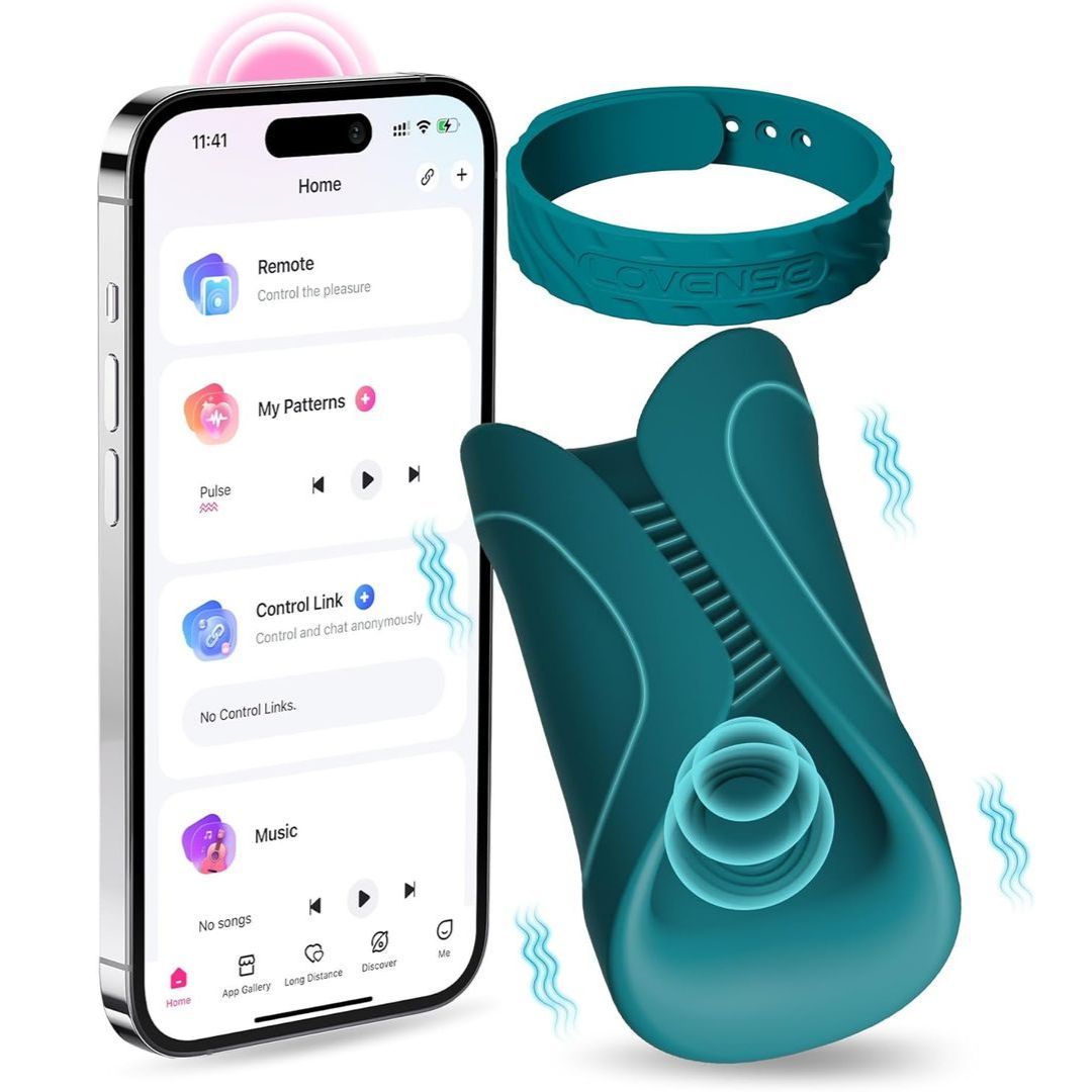 A smartphone with an app beside a teal Lovense wearable device and matching bracelet displays options for patterns, control link, and music sync for the Lovense Gush 2 Remote-controlled Penis Vibrator. Wavy lines imply vibration or movement.