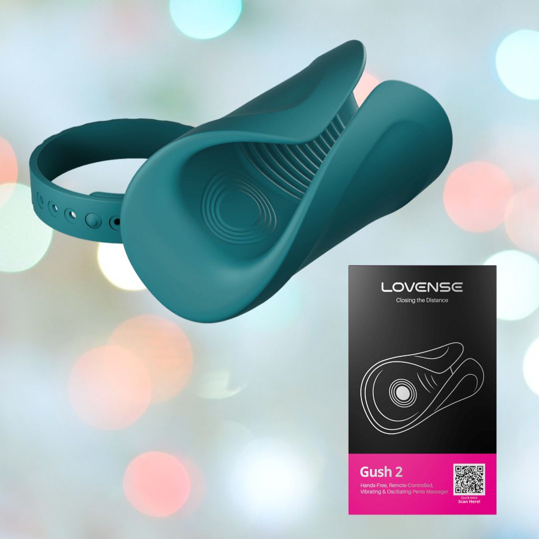 A teal wearable, intimate-use device called the Lovense Gush 2 Remote-controlled Penis Vibrator is displayed with its packaging, which features a product image and "Lovense Gush 2" branding. The backdrop includes softly blurred pastel lights.