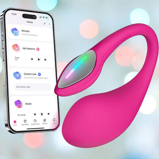 A pink Lovense Lush 4 Egg Vibrator with a metallic control panel lies next to a smartphone displaying the Lovense app. The interface includes Remote, My Patterns, Control Link, and Music options. Vibrant bokeh lights create an enticing background. 1080