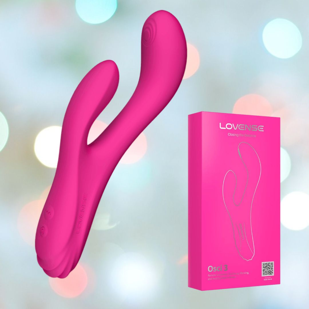 A pink Lovense Osci 3 Warming App-Controlled Rabbit Vibrator is showcased against a blurred background with circular light spots, resting next to its pink box featuring an outline designed for G-Spot pleasure and clitoral stimulation.