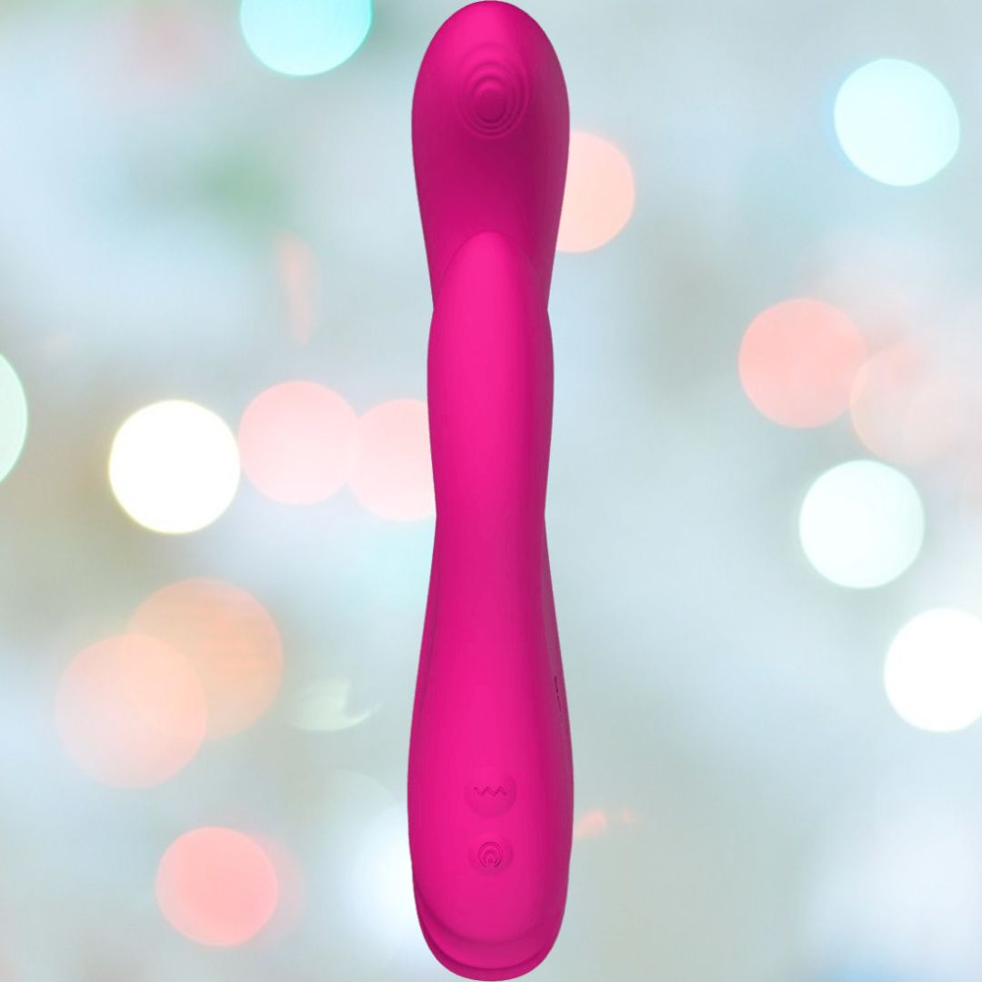 A pink, ergonomic Lovense Osci 3 Warming App-Controlled Rabbit Vibrator is showcased with a textured, double-ended design against pastel-colored lights. Its G-spot stimulator offers oscillating motion and circular LED patterns amid the light blue and pink bokeh.