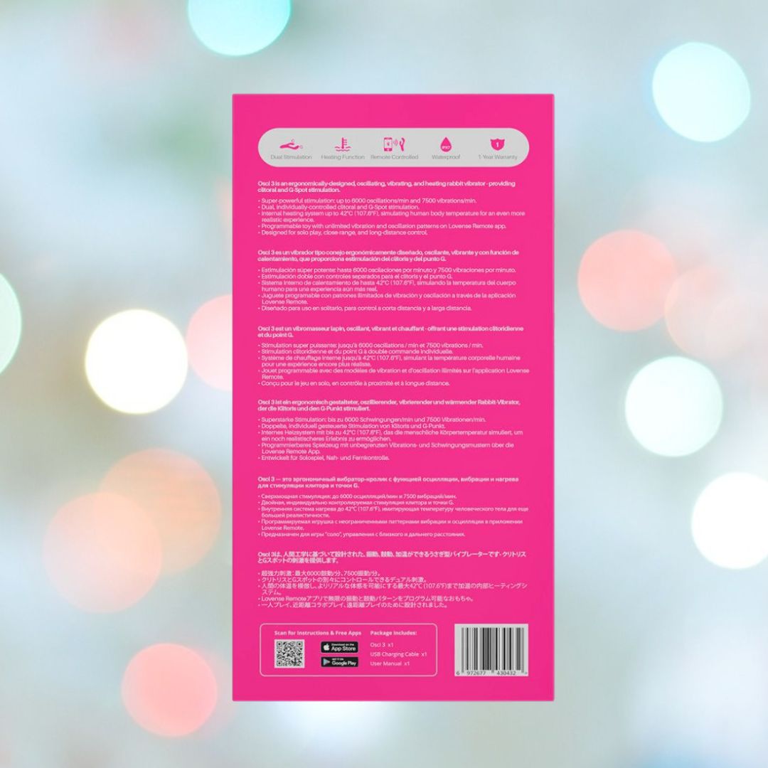 The Lovense Osci 3 Warming App-Controlled Rabbit Vibrator's packaging displays a bright pink background with text and icons about the G-spot stimulator's use and care. A QR code, barcode, and app store download icons are visible at the bottom.