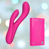 A pink Lovense Osci 3 Warming App-Controlled Rabbit Vibrator is showcased against a blurred background with circular light spots, resting next to its pink box featuring an outline designed for G-Spot pleasure and clitoral stimulation.