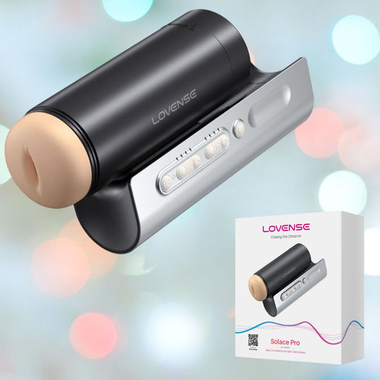 A black and beige cylindrical device with thrusting technology, branded as "Lovense," is prominently displayed. Beside it is packaging featuring the image and branding of the Lovense Solace Pro Vibrating Stroker, set against a blurred background with colorful bokeh lights. 1080