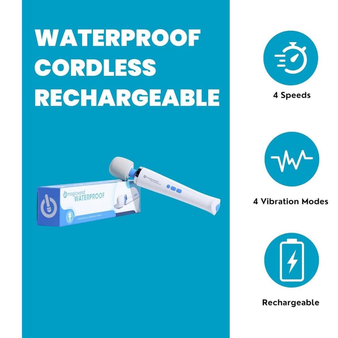 The Magic Wand Waterproof Massager by Magic Wand is displayed beside its box. Text and blue icons highlight 4 speeds, deep vibrations, 4 modes, and a rechargeable battery on the right side.