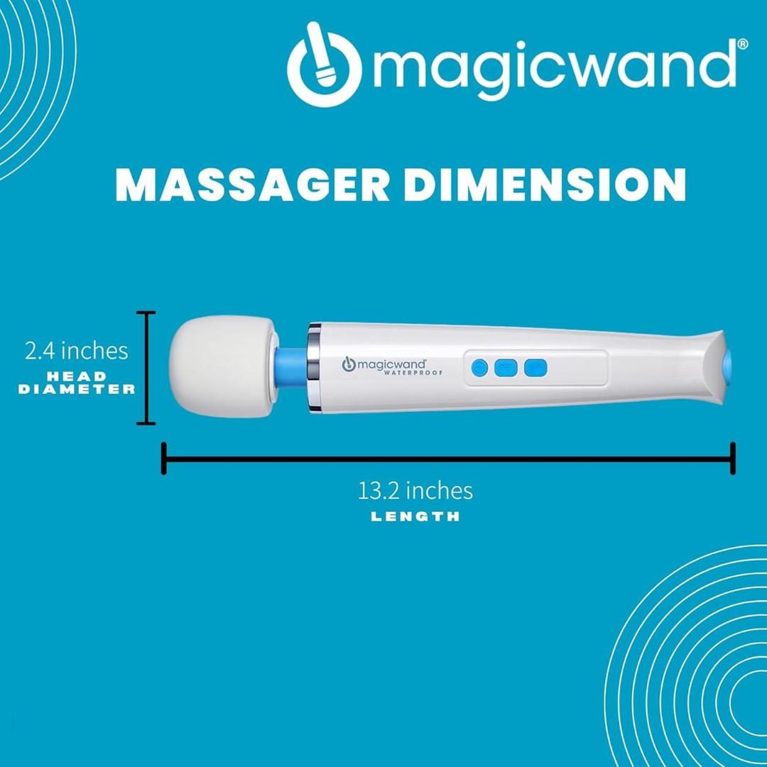 A white Magic Wand Waterproof Massager by Magic Wand lies horizontally on a blue background. The image displays its 2.4-inch head diameter and 13.2-inch length, with "magicwand" logo and "MASSAGER DIMENSION" shown above.