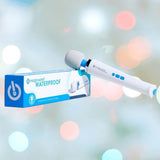The Magic Wand Waterproof Massager by Magic Wand, in white and blue, is shown beside its product box with a blurred pastel bokeh background.