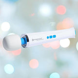 The Magic Wand Waterproof Massager by Magic Wand is shown with its white cordless design, rounded head, and blue buttons against a soft background with colorful lights, emphasizing its deep vibrations for soothing relief.