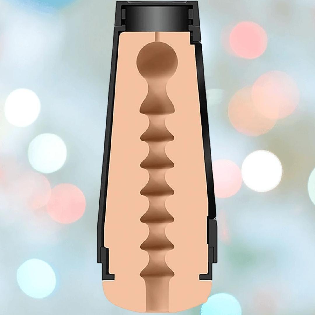 A cross-section illustration of the Doc Johnson Main Squeeze Endurance Trainer Stroker Pussy - Vanilla shows its cylindrical shape, flesh-toned textured interior, and black casing against a blurred pastel background.