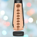 A cross-section diagram of the Main Squeeze Endurance Trainer Stroker Pussy by Doc Johnson reveals its textured, wavy ULTRASKYN interior with multiple chambers and directional arrows, set against a background of blurry, colorful lights.