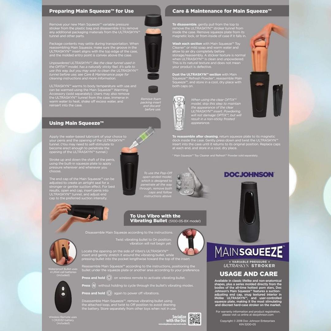 An instruction sheet for the Doc Johnson Main Squeeze Endurance Trainer Stroker Pussy - Vanilla, with illustrated guides on use, cleaning, maintenance, endurance training tips, and using it with a vibrating bullet accessory.