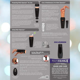 An instruction sheet for the Doc Johnson Main Squeeze Endurance Trainer Stroker Pussy - Vanilla, with illustrated guides on use, cleaning, maintenance, endurance training tips, and using it with a vibrating bullet accessory.