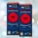Two boxes of MyONE Super Wide & Long 64L - 8.5" Long condoms are shown, emphasizing custom width and length. The packaging highlights size 64L (8.5" long) by MyONE, with a softly blurred background featuring subtle light spots.