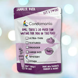 Meet the Condomania Mystery Condom Sampler (12-Pack)—a fun mix of ultra-thin, textured, snugger, and large options. With playful rainbow graphics, a lube tube, and lips on a soft focus of circular lights, it promises an exciting experience.