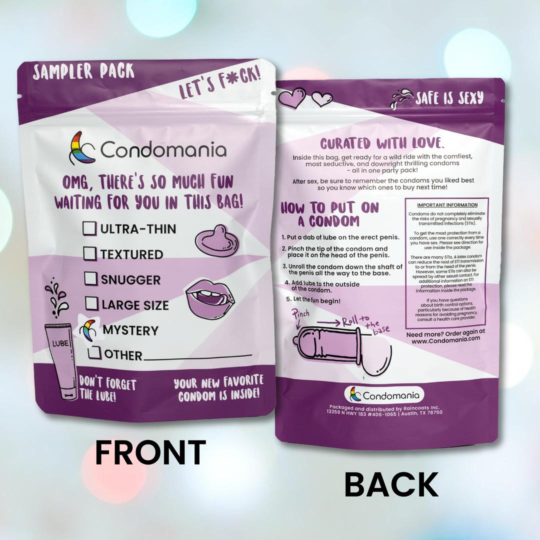 Explore the vibrant Mystery Condom Sampler (12-Pack) from Condomania featuring a playful design with ultra-thin and textured options. The bright pink and white theme includes illustrated instructions, highlighting safety and variety in this exciting assortment.