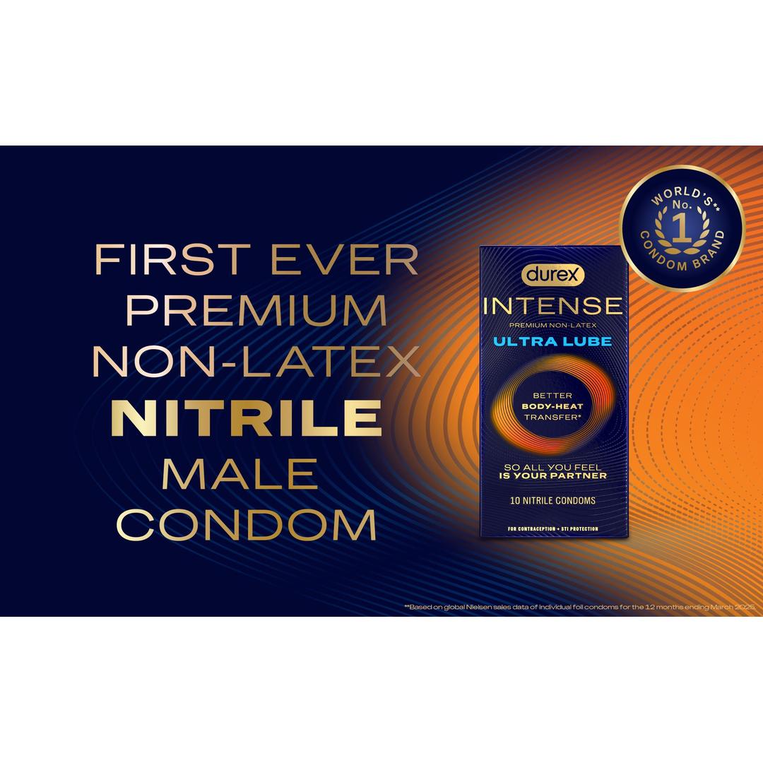 Durex Intense Ultra Lube Nitrile (Non-Latex) Condoms—ultra-thin, extra lubricated, in bold blue and orange packaging. Features: "First ever premium non-latex nitrile male condom" and "World’s No. 1 condom brand.