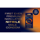 Durex Intense Ultra Lube Nitrile (Non-Latex) Condoms—ultra-thin, extra lubricated, in bold blue and orange packaging. Features: "First ever premium non-latex nitrile male condom" and "World’s No. 1 condom brand.