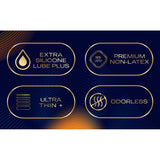 A graphic features four icons presenting Durex Intense Ultra Lube Nitrile (Non-Latex) Condoms: "Extra Silicone Lube Plus," "Premium Non-Latex," "Ultra Thin +," and "Odorless"—each with unique symbols on a dark background.