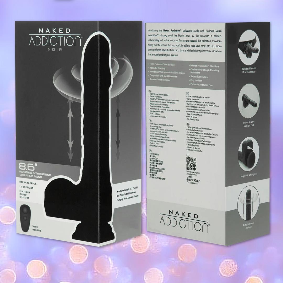 A product box for the BMS Naked Addiction Silicone Rotating & Thrusting Dildo - Noir 8.6" displays images and features of the lifelike black silicone toy with remote control, set against a purple bokeh background.