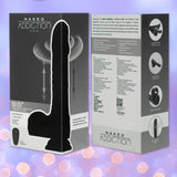 A product box for the BMS Naked Addiction Silicone Rotating & Thrusting Dildo - Noir 8.6" displays images and features of the lifelike black silicone toy with remote control, set against a purple bokeh background.