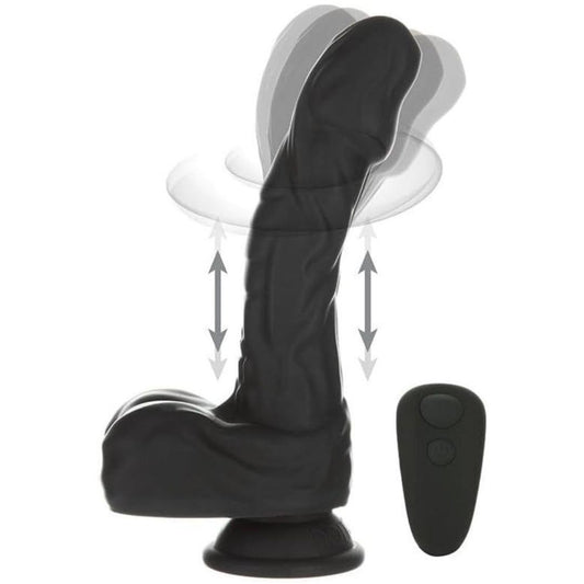 The BMS Naked Addiction Silicone Rotating & Thrusting Dildo-Noir 8.6" features a realistic texture, IncrediFeel Silicone, a suction base, thrusting and rotating motions, and comes with a small wireless remote for easy control. 1080