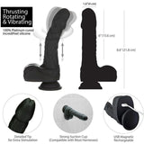 Diagram of the BMS Naked Addiction Silicone Rotating & Thrusting Dildo-Noir 8.6" showing realistic detailing, thrusting, rotating, and vibrating functions, USB charging port, strong suction cup base, and measurements from multiple angles.