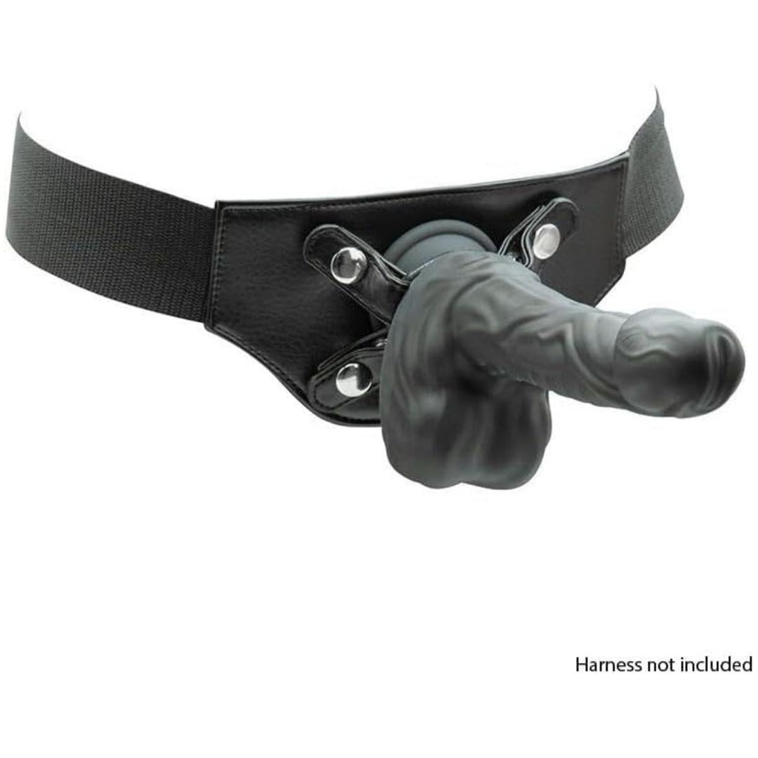 The Naked Addiction Silicone Rotating & Thrusting Dildo-Noir 8.6" by BMS, with realistic texture and IncrediFeel Silicone, is photographed against a white background. Text reads: "Harness not included.