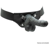 The Naked Addiction Silicone Rotating & Thrusting Dildo-Noir 8.6" by BMS, with realistic texture and IncrediFeel Silicone, is photographed against a white background. Text reads: "Harness not included.