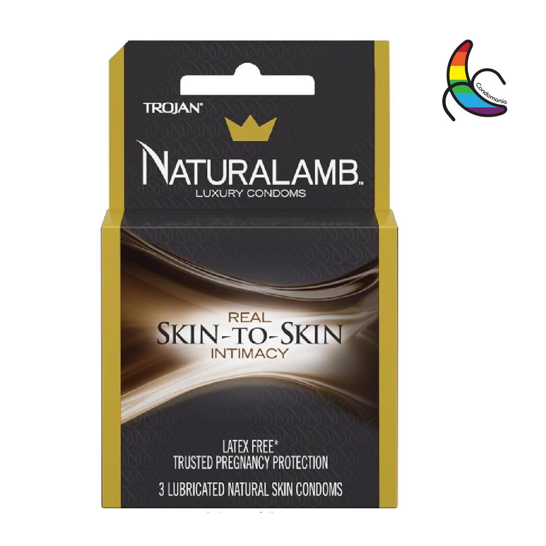 A 3-count box of Trojan Naturalamb Latex-Free Condoms by Trojan, offering lubricated, latex-free pregnancy protection with "Real Skin-to-Skin Intimacy." Features a rainbow Pride heart logo in the top right corner.
