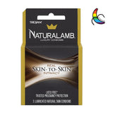 A 3-count box of Trojan Naturalamb Latex-Free Condoms by Trojan, offering lubricated, latex-free pregnancy protection with "Real Skin-to-Skin Intimacy." Features a rainbow Pride heart logo in the top right corner.