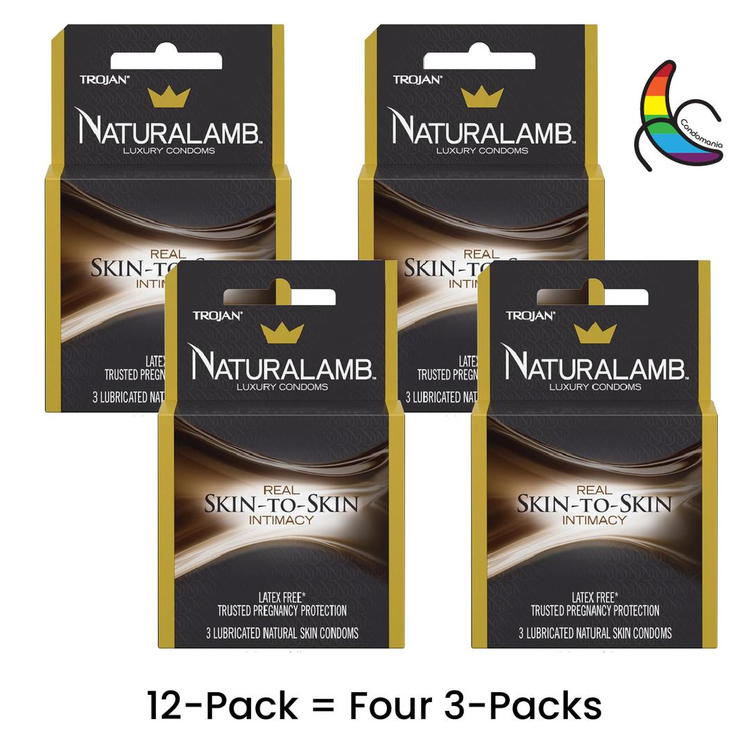 Four boxes of Trojan Naturalamb Latex-Free Condoms (3-count each) are shown with text "12-Pack = Four 3-Packs." These premium condoms from Trojan are latex-free and offer pregnancy protection. A circular quality symbol is in the upper right corner.