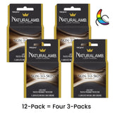 Four boxes of Trojan Naturalamb Latex-Free Condoms (3-count each) are shown with text "12-Pack = Four 3-Packs." These premium condoms from Trojan are latex-free and offer pregnancy protection. A circular quality symbol is in the upper right corner.