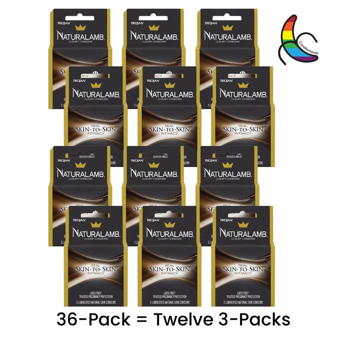 Twelve boxes of Trojan Naturalamb Latex-Free Condoms are arranged in a grid. "36-Pack = Twelve 3-Packs" is shown below, emphasizing these Trojan condoms for latex-free, trusted pregnancy protection. The colorful Trojan logo appears in the top right corner.