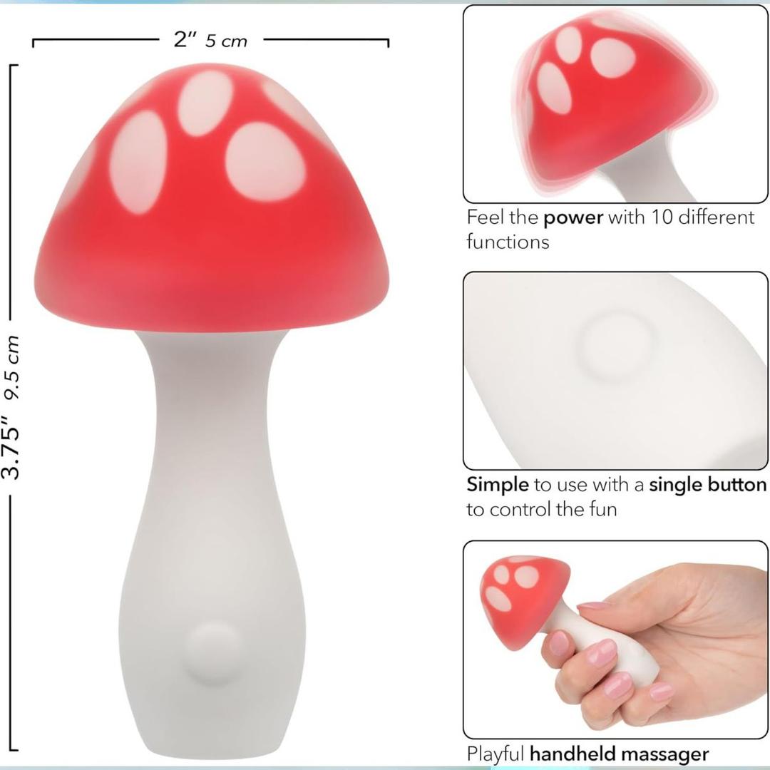 The CalExotics Naughty Bits Muff Shroom Playful Massager is a red and white mushroom-shaped handheld massager, 3.75" tall and 2" wide, featuring a single button, playful design, and 10 power settings for versatile use.