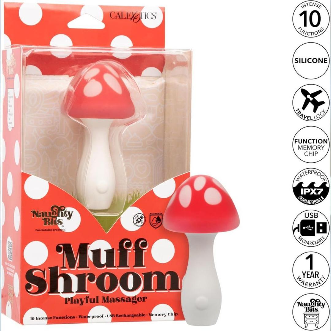 The CalExotics Naughty Bits Muff Shroom Playful Massager is a red and white mushroom-shaped massager in themed packaging. Key features include silicone material, USB rechargeability, and waterproof design.