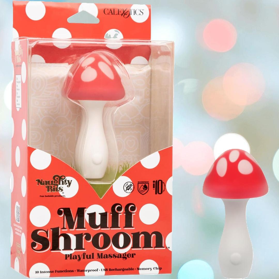 The Naughty Bits Muff Shroom Playful Massager by CalExotics resembles a red and white mushroom and is shown beside its polka-dot "Muff Shroom" packaging.