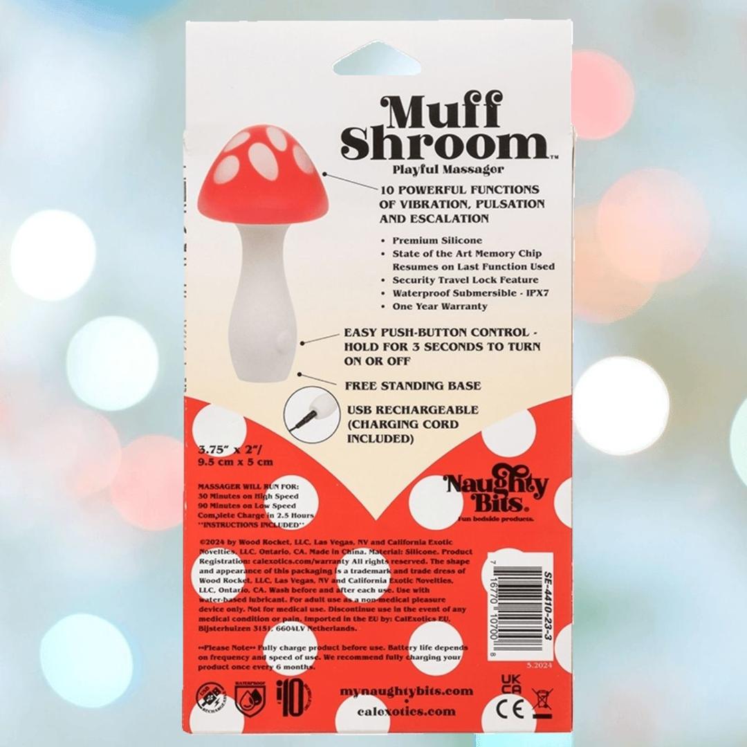 The image shows the back of the Naughty Bits Muff Shroom Playful Massager package by CalExotics. The box highlights multiple functions, USB charging, and easy control, with colorful red and white accents on the packaging.