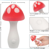 The CalExotics Naughty Bits Muff Shroom Playful Massager is a red and white mushroom-shaped handheld massager, 3.75" tall and 2" wide, featuring a single button, playful design, and 10 power settings for versatile use.