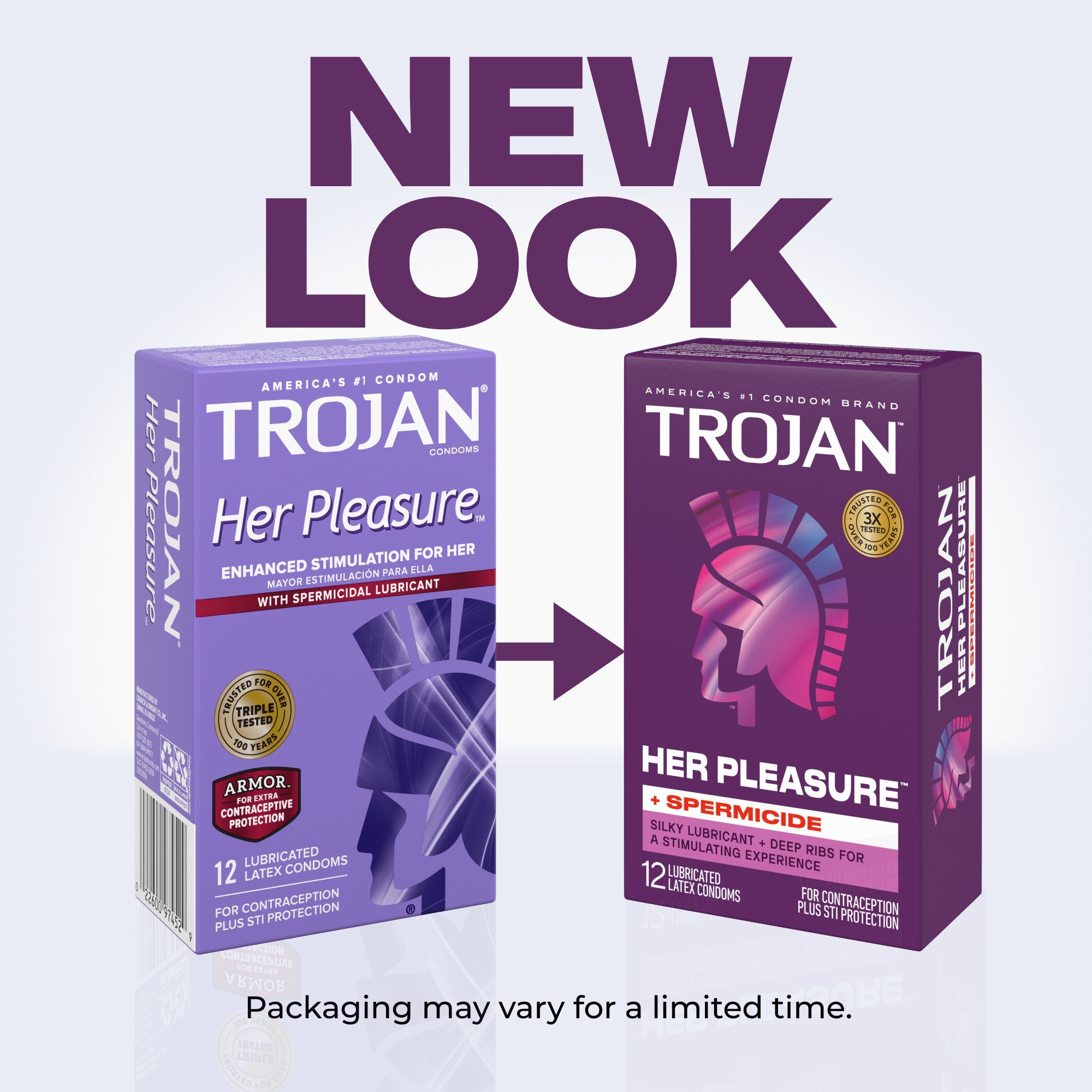 Two boxes of Trojan Her Pleasure Sensations Armor Condoms are shown, with an arrow indicating a packaging update. Text reads "NEW LOOK." The new box design is on the right; the old design is on the left.