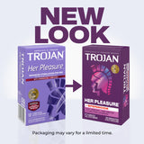 Two boxes of Trojan Her Pleasure Sensations Armor Condoms are shown, with an arrow indicating a packaging update. Text reads "NEW LOOK." The new box design is on the right; the old design is on the left.