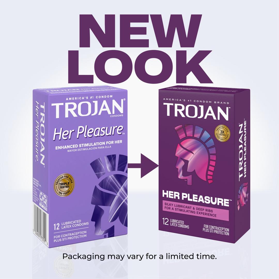 Two boxes of Trojan Her Pleasure Sensations Ribbed Condoms from Trojan are displayed side by side, featuring old and new purple packaging with the signature Trojan helmet logo. The text above says “NEW LOOK,” and a note below indicates that packaging may vary.