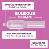 A diagram of a Trojan Her Pleasure Sensations Ribbed Condom highlights its ribbed texture for enhanced sensation, bulbous shape, special reservoir tip for safety, standard thinness for comfort, and a secure fit for confidence. The background is purple with white text boxes explaining each feature.