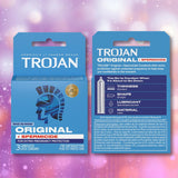 A blue box of Trojan ENZ Armor Spermicidal Condoms is displayed, featuring information about extra pregnancy protection, lubrication, size, shape, and material details, with the signature helmeted profile logo. Highlighted as standard thickness condoms with added spermicidal lubricant for enhanced security, this trusted Trojan product is shown against a pink bokeh background.