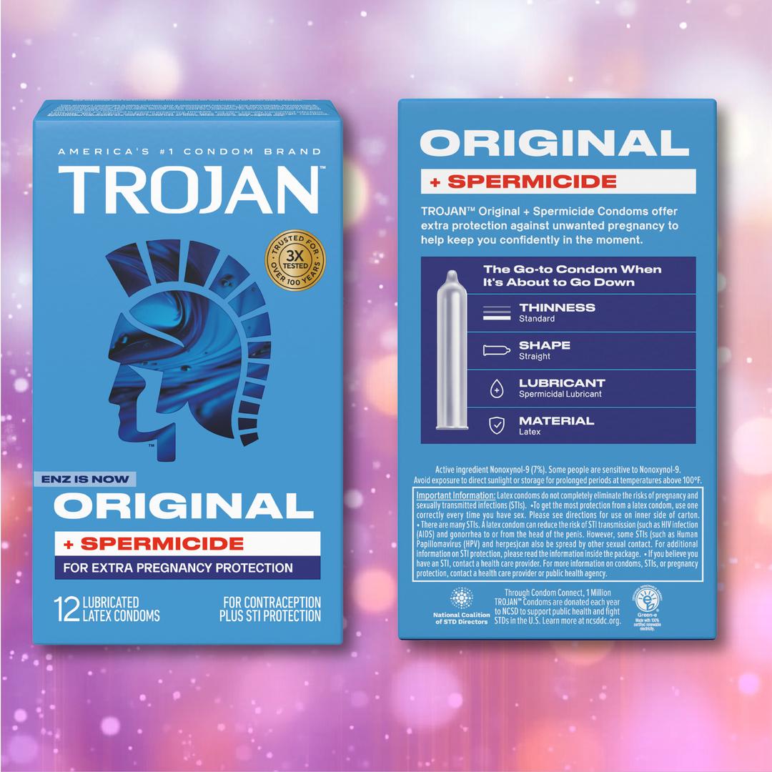 A box and back panel of Trojan ENZ Armor Spermicidal Condoms by Trojan with standard thickness, featuring blue packaging, product details, and text about pregnancy protection on a pink and purple gradient background—similar to the trusted Trojan ENZ condoms.