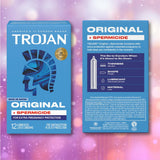 A box and back panel of Trojan ENZ Armor Spermicidal Condoms by Trojan with standard thickness, featuring blue packaging, product details, and text about pregnancy protection on a pink and purple gradient background—similar to the trusted Trojan ENZ condoms.
