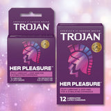 Two boxes of Trojan Her Pleasure Sensations Ribbed Condoms by Trojan are displayed side by side, featuring a helmeted figure and bold purple packaging. The packaging highlights “silky lubricant” and “deep ribs,” emphasizing the ribbed design for enhanced stimulation. Experience heightened pleasure and comfort with Trojan Her Pleasure Sensations Ribbed Condoms, expertly crafted to increase satisfaction.