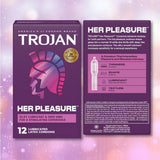 A box of Trojan Her Pleasure Sensations Ribbed Condoms by Trojan features silky lubricant, a ribbed texture, and premium latex material. Designed for comfort and heightened intimacy, the packaging emphasizes attributes like thinness, enhanced lubrication, and sensual ribs to maximize pleasure. The box’s purple, pink, and white design adds visual appeal.