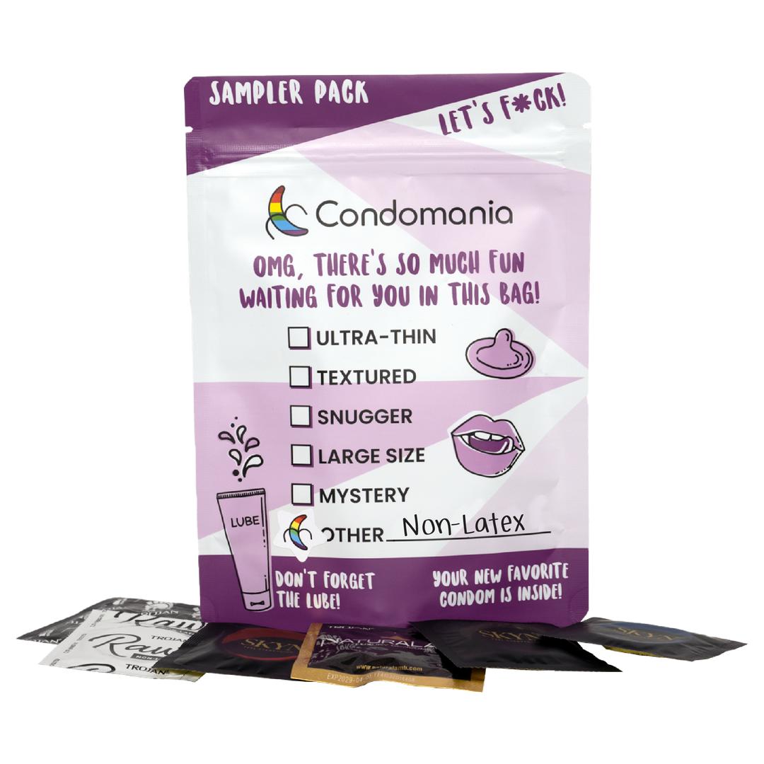 Explore Condomania's Non-Latex Condom Sampler, perfect for latex allergy sufferers. This fun pack offers a checklist featuring ultra-thin, textured, snugger, large sizes, and mystery options. Its playful purple packaging includes extra scattered packets for added excitement.